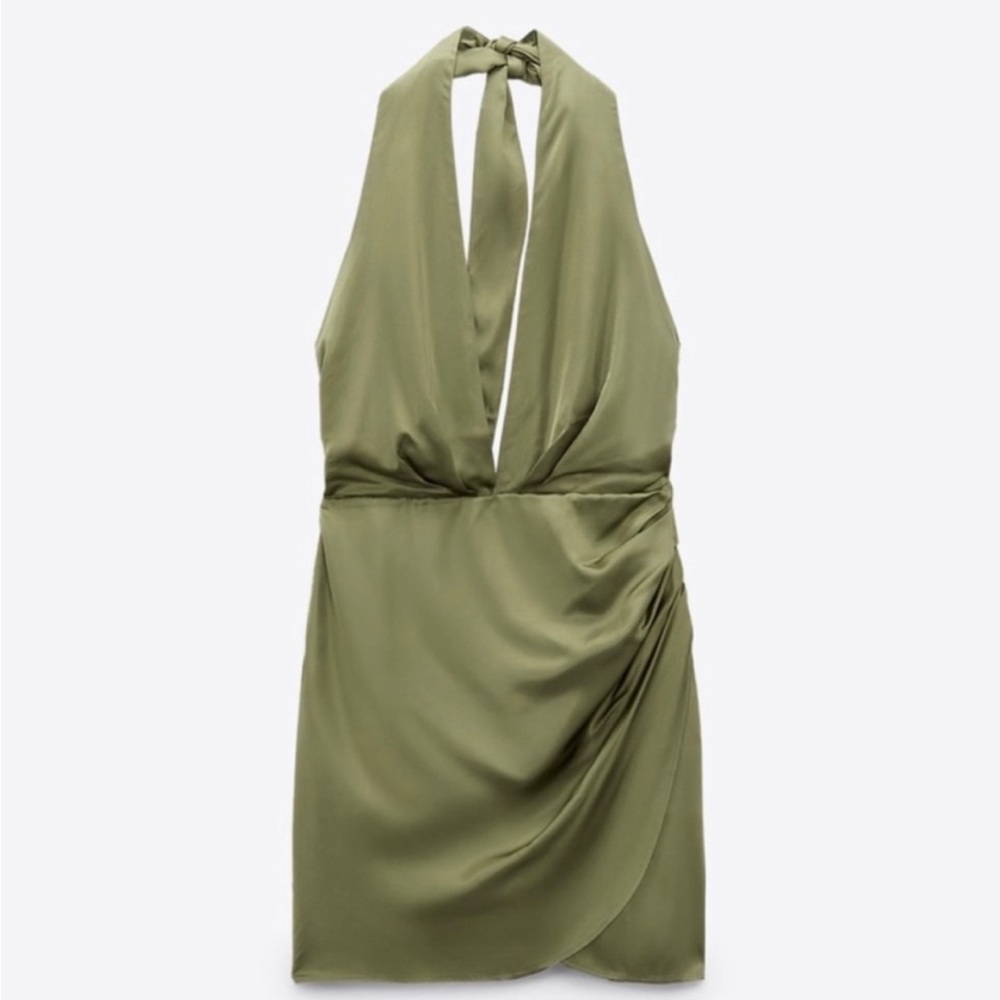 ZARA GREEN SATIN EFFECT MINI DRESS